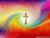 cross in center of brightly colored rainbow swirl background