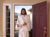 Jesus at the Door - a white robed Jesus entering a modern home's front door