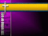 Purple background with yellow top border and light and cross in upper left