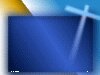 dark blue box with unfocused edges against a yellow and light blue background, and a light blue cross on the right side, abstract