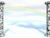 Image of stone columns on each side with clouds and rainbow behind, heaven