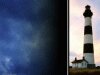 photo of lighthouse on right with dark background of clouds for text