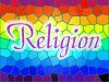 Word religion against a stained glass rainbow, full screen