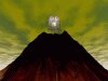 abstract mountain graphic with glowing stained glass windows above it