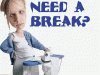 Full screen distorted photo of harried woman and the text 'need a break'