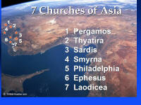 A photo map showing the locations of the seven churches of Asia Minor addressed in Revelation chapters 2 and 3.