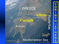 A photo map showing Corinth, Athens and their location within Greece.