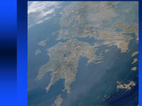 Aerial color photo of Greece from space, unlabeled