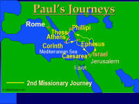 A graphic map showing the path and places of Paul's second missionary journey.