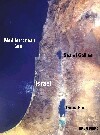 Color aerial photo of Israel with major locations labeled on map.