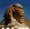 Color photo of close up of Egyptian sphinx.